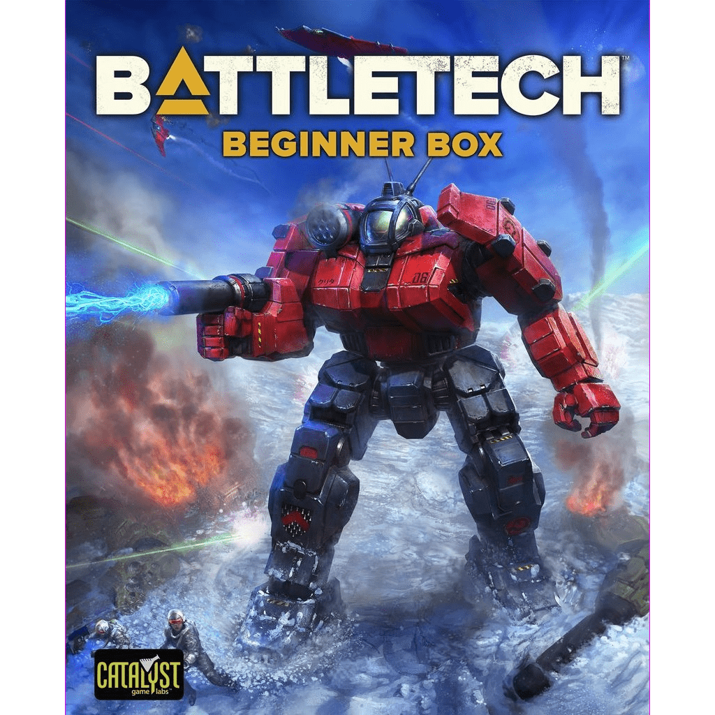 A red battle mech with a glowing blue weapon moves through a snowy battlefield as missiles fly behind it. The BattleTech: Beginner Box from Catalyst Game Labs includes Mech miniatures and Quick-Start Rules, with the brand logo in the lower left corner.