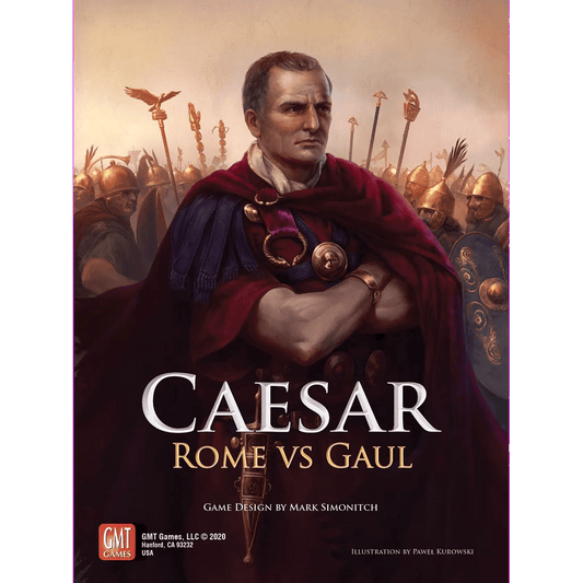 A stern, armored Roman leader in a red cloak stands confidently before his troops. The text reads "Caesar: Rome vs. Gaul," a two-player card-driven game by GMT Games.