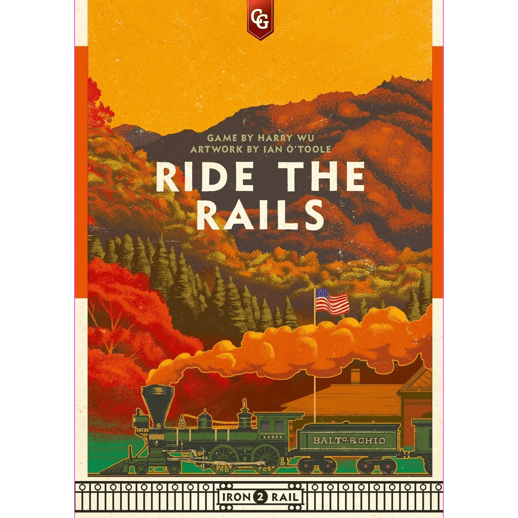 Ride the Rails board game by Capstone Games features a vintage steam train crossing a vibrant autumn landscape with mountains, trees, and an American flag on its cover. The game's title and credits are prominently displayed.