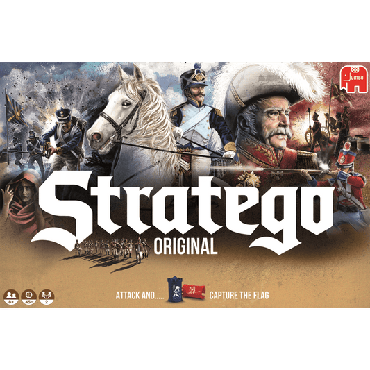 The Jumbo Stratego Original box cover displays bold artwork of military figures, soldiers, a white horse, and vivid battle scenes, with the title "Stratego Original" in the center—inviting players to capture the flag.
