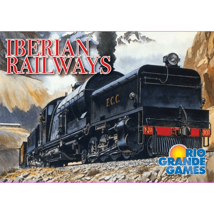 A black steam locomotive crosses rocky terrain beneath cloudy skies, evoking Spain and Portugal. "Iberian Railways" appears in bold red, with the Rio Grande Games logo in the lower right corner.