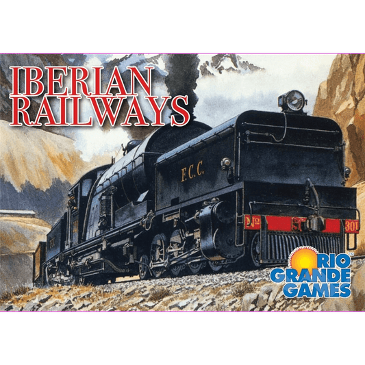 A black steam locomotive crosses rocky terrain beneath cloudy skies, evoking Spain and Portugal. "Iberian Railways" appears in bold red, with the Rio Grande Games logo in the lower right corner.
