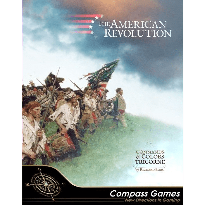 Box cover for Commands & Colors Tricorne: The American Revolution by Compass Games, featuring Revolutionary soldiers with flags. The game's title and Compass Games logo appear on the cover.