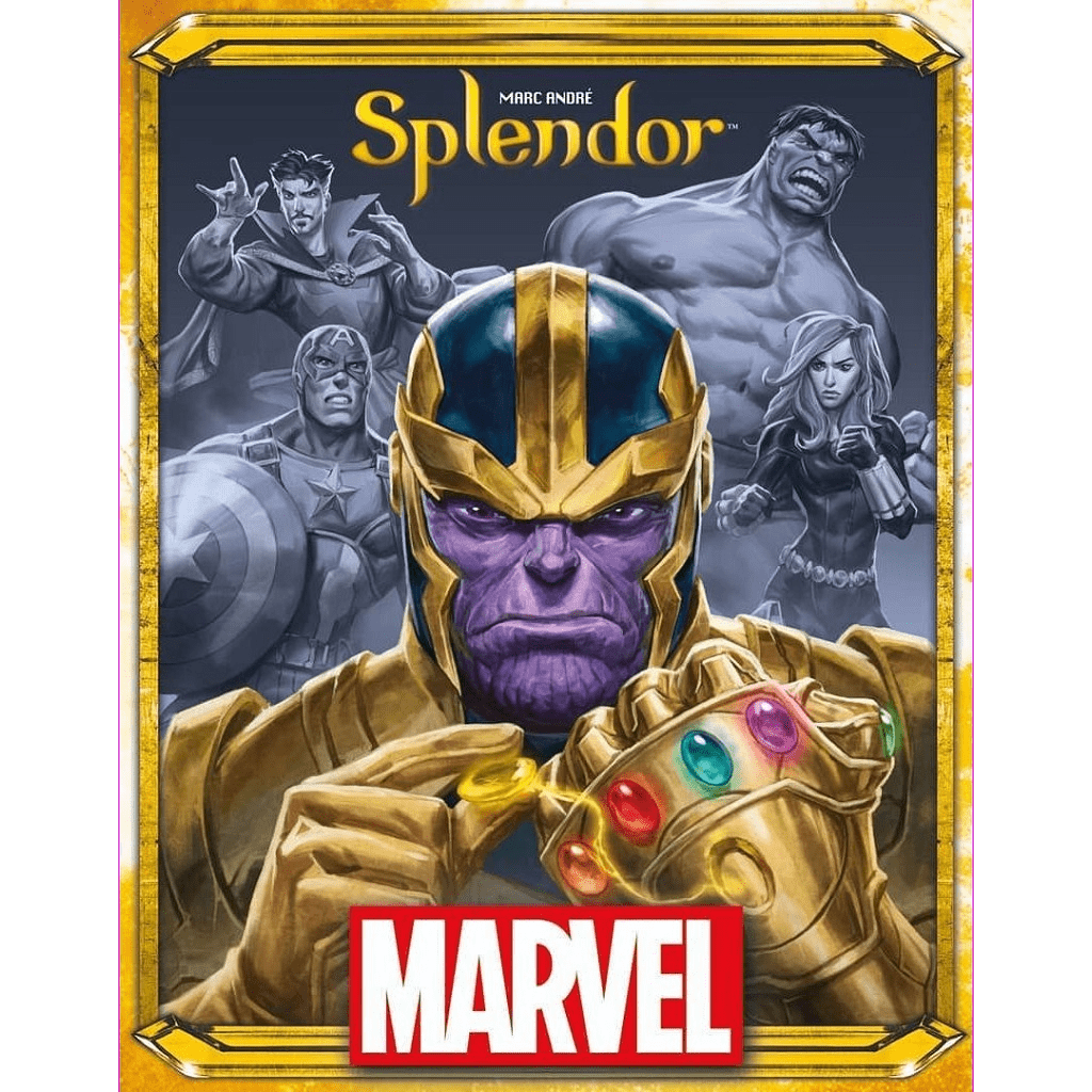 The cover of Space Cowboys’ Splendor: Marvel features Thanos wielding the Infinity Gauntlet, with grayscale images of Captain America, Hulk, Iron Man, and Black Widow in the background of this Avengers-themed board game.