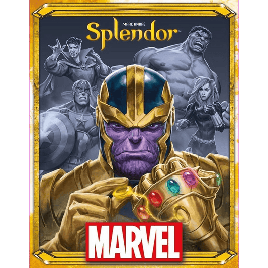 The cover of Space Cowboys’ Splendor: Marvel features Thanos wielding the Infinity Gauntlet, with grayscale images of Captain America, Hulk, Iron Man, and Black Widow in the background of this Avengers-themed board game.