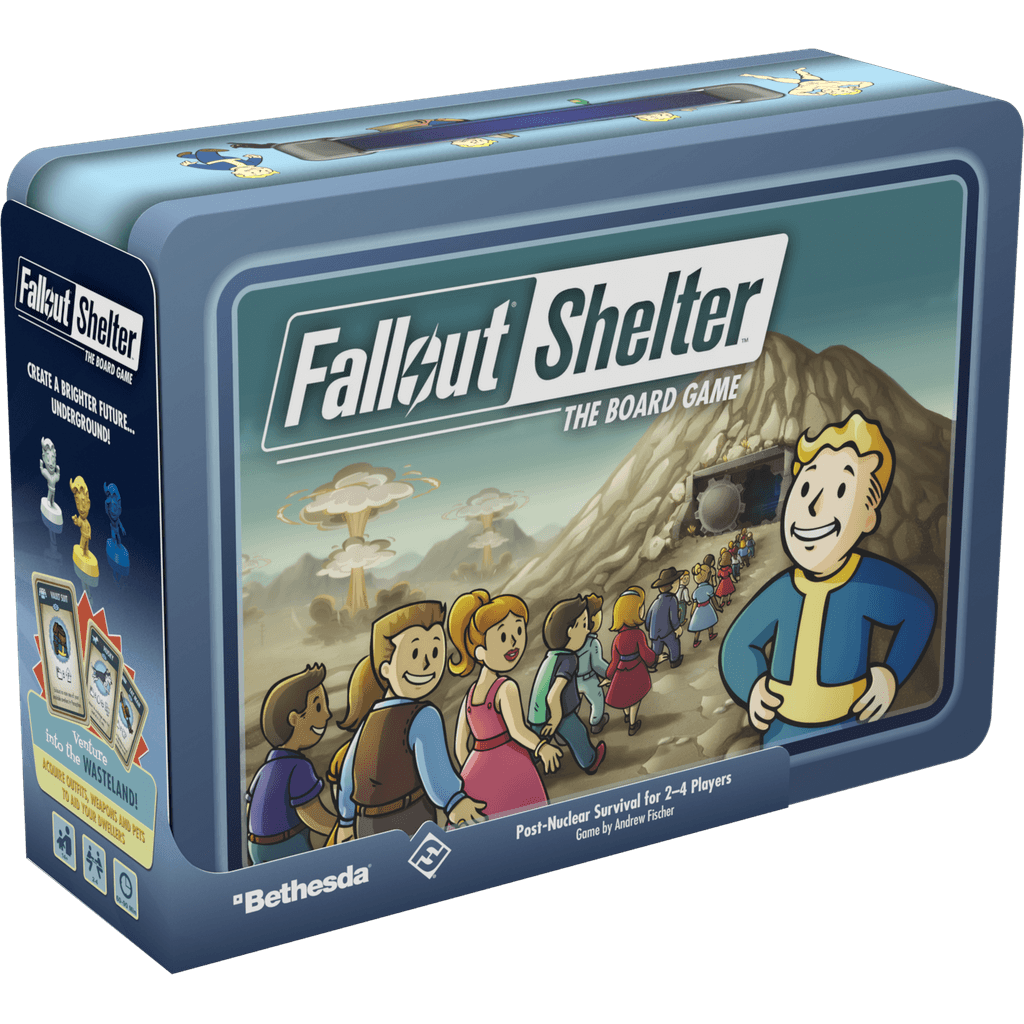 Fallout Shelter: The Board Game by Fantasy Flight Games comes in a rectangular box showing cartoon characters entering a vault, with Vault Boy smiling in front. This post-nuclear game is for 2–4 players.