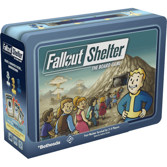 Fallout Shelter: The Board Game by Fantasy Flight Games comes in a rectangular box showing cartoon characters entering a vault, with Vault Boy smiling in front. This post-nuclear game is for 2–4 players.