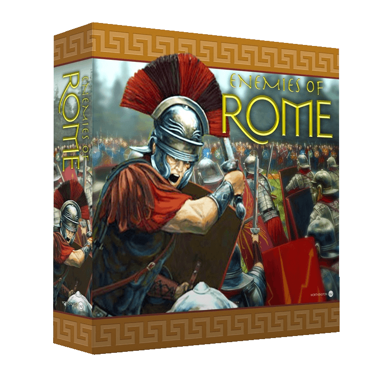 The Enemies of Rome box cover by Worthington Publishing features a Roman soldier in red armor and helmet leading a charge, with fellow soldiers carrying shields and weapons in the background, reflecting its historical strategy gameplay.