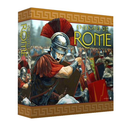 The Enemies of Rome box cover by Worthington Publishing features a Roman soldier in red armor and helmet leading a charge, with fellow soldiers carrying shields and weapons in the background, reflecting its historical strategy gameplay.