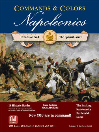 Box cover for Commands & Colors: Napoleonics Expansion #1 – The Spanish Army by GMT Games, featuring a dramatic Napoleonic battle scene with Spanish soldiers on horseback and foot, vivid Peninsular War imagery, bold titles, and publisher details.