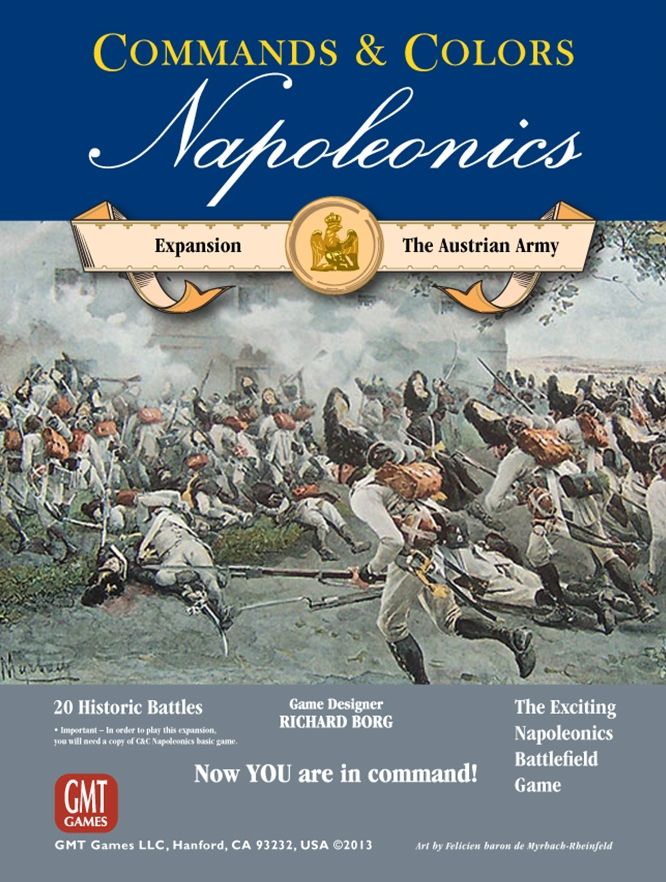 The box cover for GMT Games' Commands & Colors: Napoleonics Expansion #3 – The Austrian Army features vivid Austrian battle artwork, evoking wartime chaos, with expansion details and the GMT Games logo displayed below.