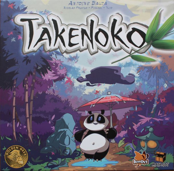The Takenoko (2022 Edition) by Matagot features a vibrant cover of a panda with a red umbrella in a bamboo garden, highlighted by large title text and award logos—ideal for family game nights.