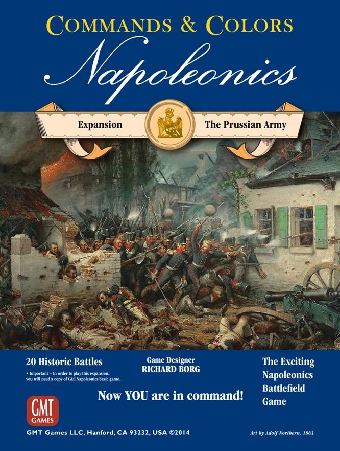Box cover for GMT Games' Commands & Colors: Napoleonics Expansion #4 – The Prussian Army, showing soldiers fighting near a damaged building, with game details in blue and gold text.