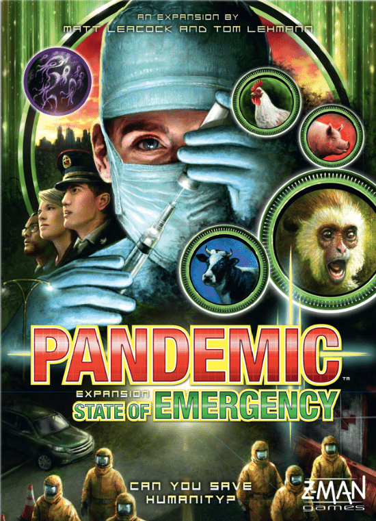 The cover of Z-Man Games' Pandemic State of Emergency Expansion shows masked medical workers, animals, and scientists, with hazmat-suited figures below amid urgent green and red tones.