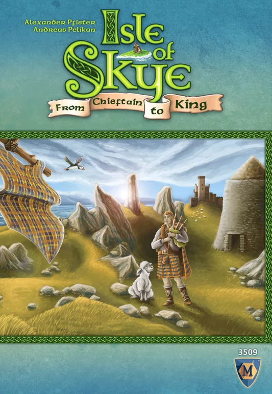 A man in Scottish dress plays bagpipes beside a sheep on a green hill, with stone ruins and mountains behind, evoking Isle of Skye: From Chieftain to King by Mayfair Games. The game's title appears at the top.