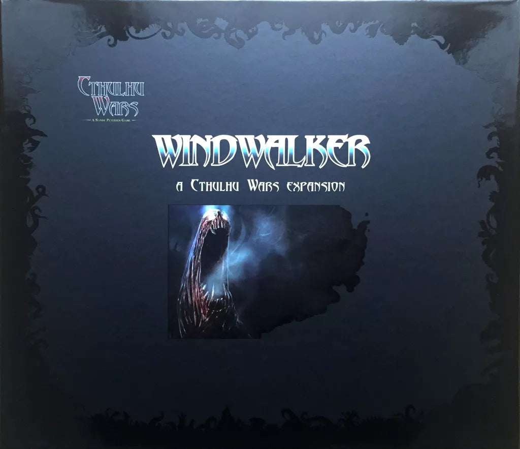 The box cover for Cthulhu Wars: The Windwalker Expansion by Petersen Games showcases Ithaqua, a monstrous tentacled being emerging from darkness, with the stylized game logo and title on a black background.