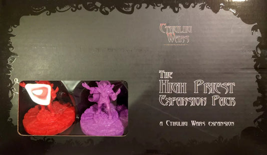 A black box labeled "Cthulhu Wars: High Priest Expansion Pack" by Petersen Games displays two High Priest figures, one red and one purple, visible through a window on the left side of the packaging.