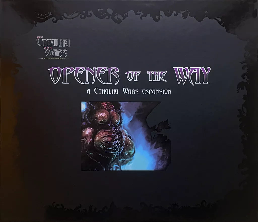Box cover for Cthulhu Wars: Opener of the Way Expansion by Petersen Games features ornate purple text and a chilling, tentacled Yog-Sothoth, partially revealed in glowing blue light against a dark cosmic horror backdrop.