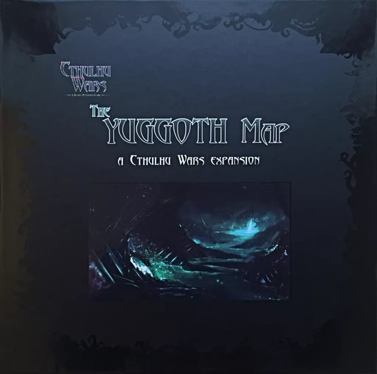 The box cover for Cthulhu Wars: Yuggoth Map Expansion by Petersen Games features dark, green-lit underground caverns teeming with Slime Mold monsters, with gothic text highlighting the game's title and expansion details.