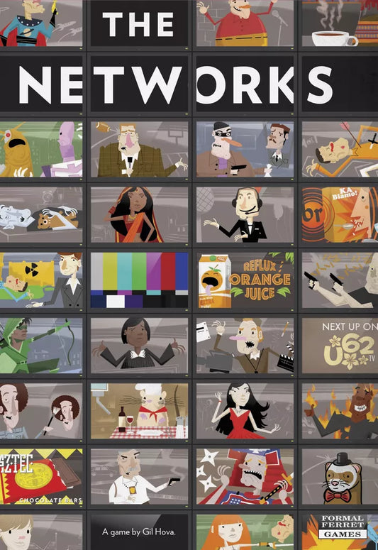Vibrant cover for The Networks by Formal Ferret Games—a TV-themed board game with cartoon personalities, cameras, animals, and props in a TV screen-style grid. Fun graphics capture the excitement of running your own television network.