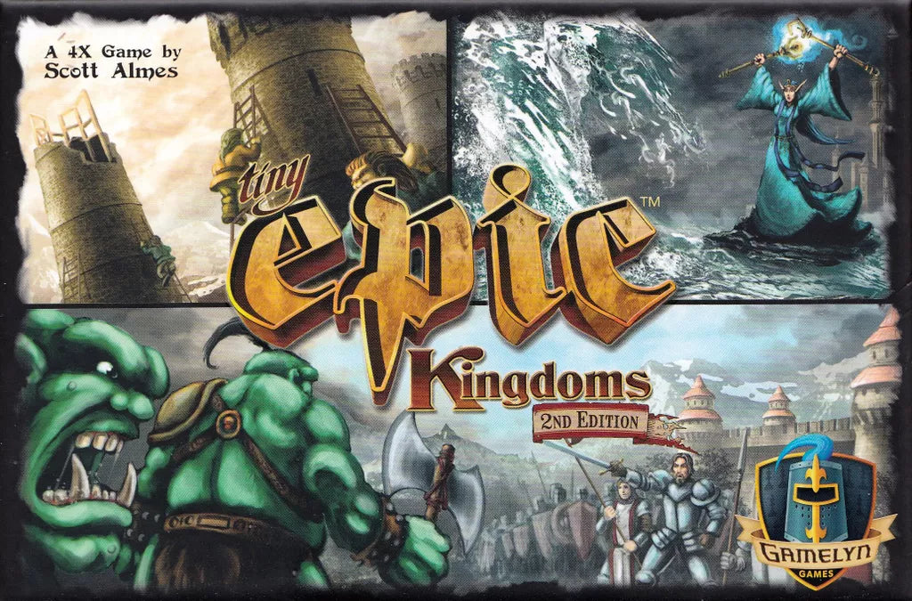 Cover art for Tiny Epic Kingdoms by Gamelyn Games shows crumbling towers, a blue-robed mage, green ogres, and armored knights near a castle. Features the Gamelyn Games logo and designer's name. Compact, pocket-sized board game.