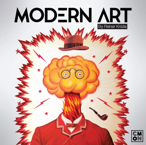 A surreal illustration shows a person in a red suit with a bow tie, their head an orange cloud with glasses—evoking the excitement of buying and selling paintings. Text reads Modern Art by Hans im Glück.