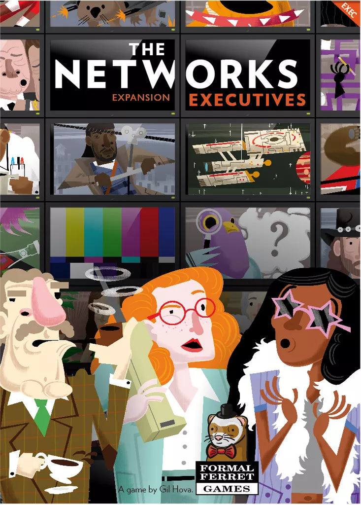 The Networks: Executives Expansion by Formal Ferret Games features a colorful illustrated cover with animated characters, TV screens, a woman on the phone, and the brand’s cartoon ferret logo—a perfect addition for any TV show strategy game fan!.