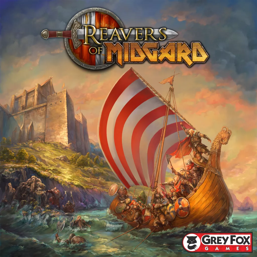Vikings row a wooden longship with red and white sails near a rocky shore as a castle stands on a cliff, evoking the epic world of Reavers of Midgard by Grey Fox Games.