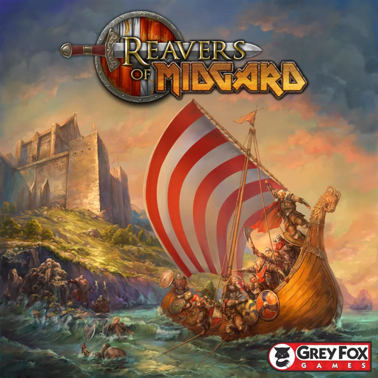 Vikings row a wooden longship with red and white sails near a rocky shore as a castle stands on a cliff, evoking the epic world of Reavers of Midgard by Grey Fox Games.