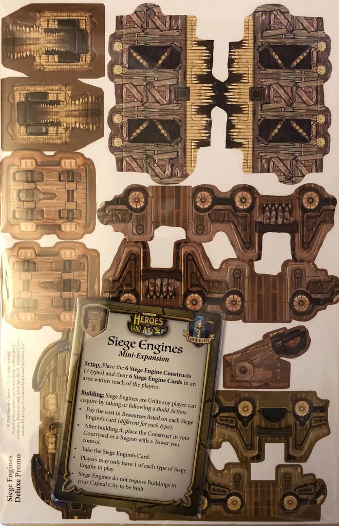 Punch-out cardboard siege engine pieces for Heroes of Land, Air & Sea: Siege Engines Mini-Expansion by Gamelyn Games, includes a rules card detailing setup and gameplay.