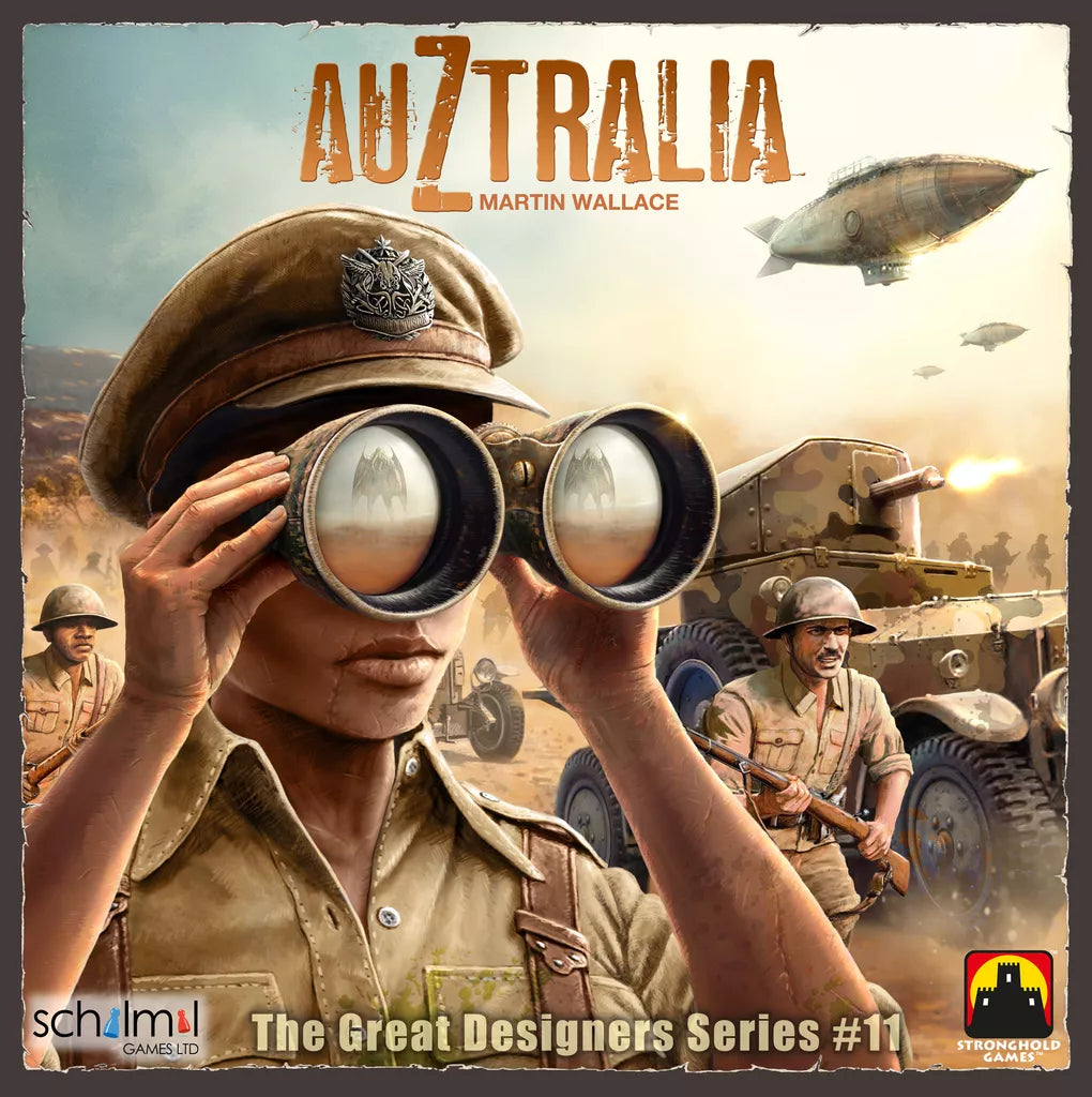 A uniformed soldier scans the horizon with binoculars in this adventure game, as a military truck, blimp, and fellow soldiers appear behind. The title "AuZtralia Bundle" and SchilMil Games branding are shown at the top and bottom.