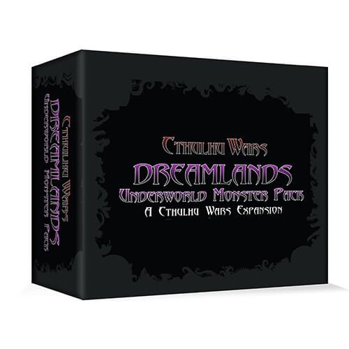 A black game box with purple and white text reads: "Cthulhu Wars: The Dreamlands Underworld Monster Pack" by Petersen Games, a board game expansion featuring gothic fonts and a decorative border for an eerie, immersive feel.