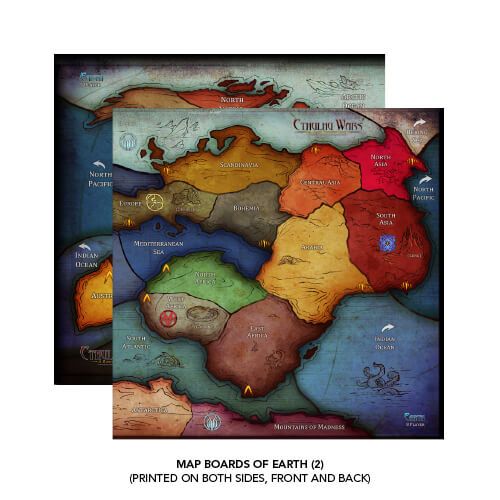 Cthulhu Wars: Six to Eight Player Earth Map by Petersen Games features two double-sided, vividly illustrated map boards with labeled regions and oceans. Text: MAP BOARDS OF EARTH (2) (PRINTED ON BOTH SIDES, FRONT AND BACK).