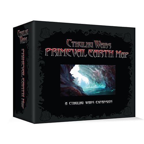Cthulhu Wars: Primeval Earth Map by Petersen Games is a black game box featuring a fantasy cave illustration and the subtitle "A Cthulhu Wars Expansion"—a unique board game map for fans.
