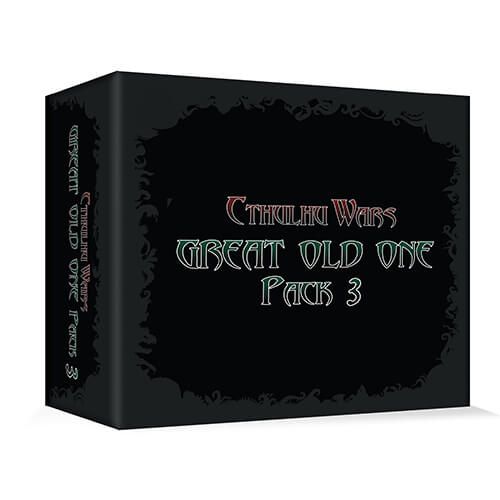 The black Cthulhu Wars: Great Old One Pack Three box by Petersen Games showcases ornate gray borders and red-green stylized text, prominently featuring Gobogeg on the front and side.