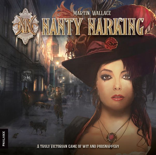 Phalanx’s board game “Nanty Narking” features a cover with a woman in a red Victorian hat, set against a gas-lit, foggy London street with characters from the Dickens and Doyle era.