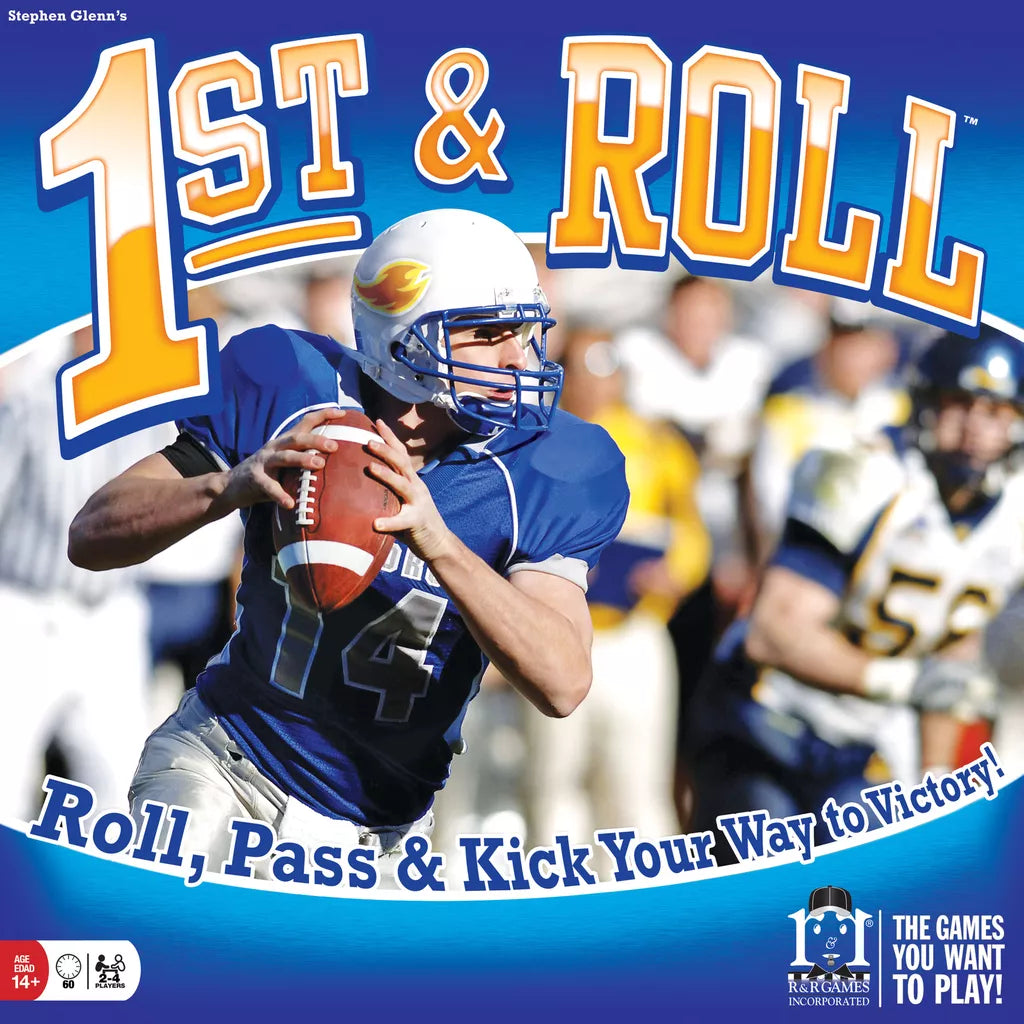 A football player in blue and white runs with the ball on the 1st & Roll board game cover by R&R Games. Other players blur behind him. Text reads, "Roll, Pass & Kick Your Way to Victory in this exciting strategy game!.