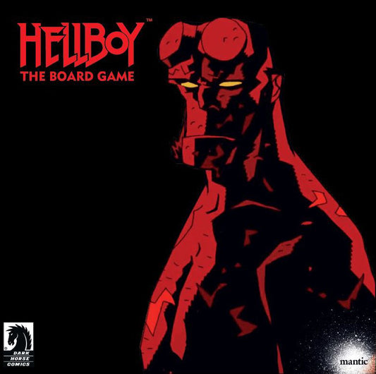 Stylized red and black illustration of Hellboy with yellow eyes, featuring "Hellboy: The Board Game" by Mantic Games. Inspired by the Mike Mignola comic, with Dark Horse Comics and Mantic logos on a black background.