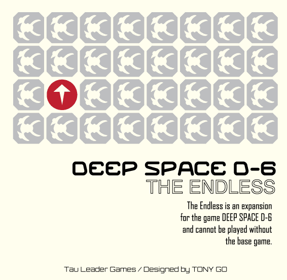 A grid of spaceship icons with one red tile and an arrow among gray tiles. Text: Deep Space D-6: The Endless Expansion by Tau Leader Games—an add-on with new ship upgrades, requires the Deep Space D-6 base game.