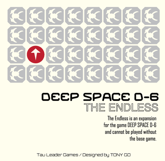 A grid of spaceship icons with one red tile and an arrow among gray tiles. Text: Deep Space D-6: The Endless Expansion by Tau Leader Games—an add-on with new ship upgrades, requires the Deep Space D-6 base game.