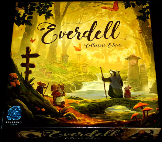 The Everdell: Collector’s Edition cover by Starling Games features illustrated woodland animals in a vibrant, glowing forest with treehouses, reflecting its enchanting tableau-building and worker placement gameplay.