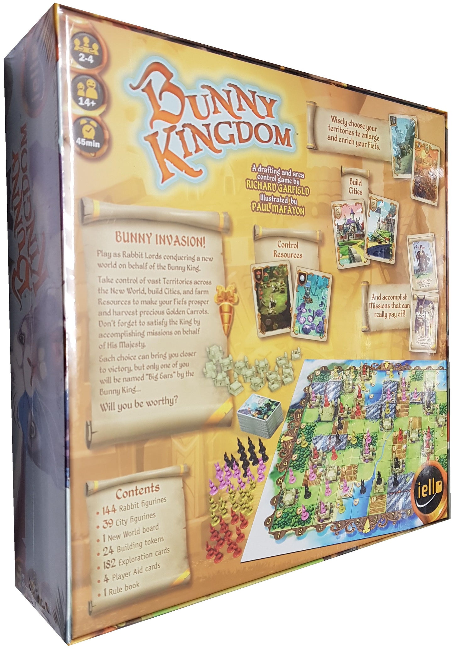 Back of the Bunny Kingdom board game box from Iello, showcasing vibrant artwork, player info, contents, and gameplay details about leading a rabbit clan—plus icons for players, age range, and playtime in the top left corner.