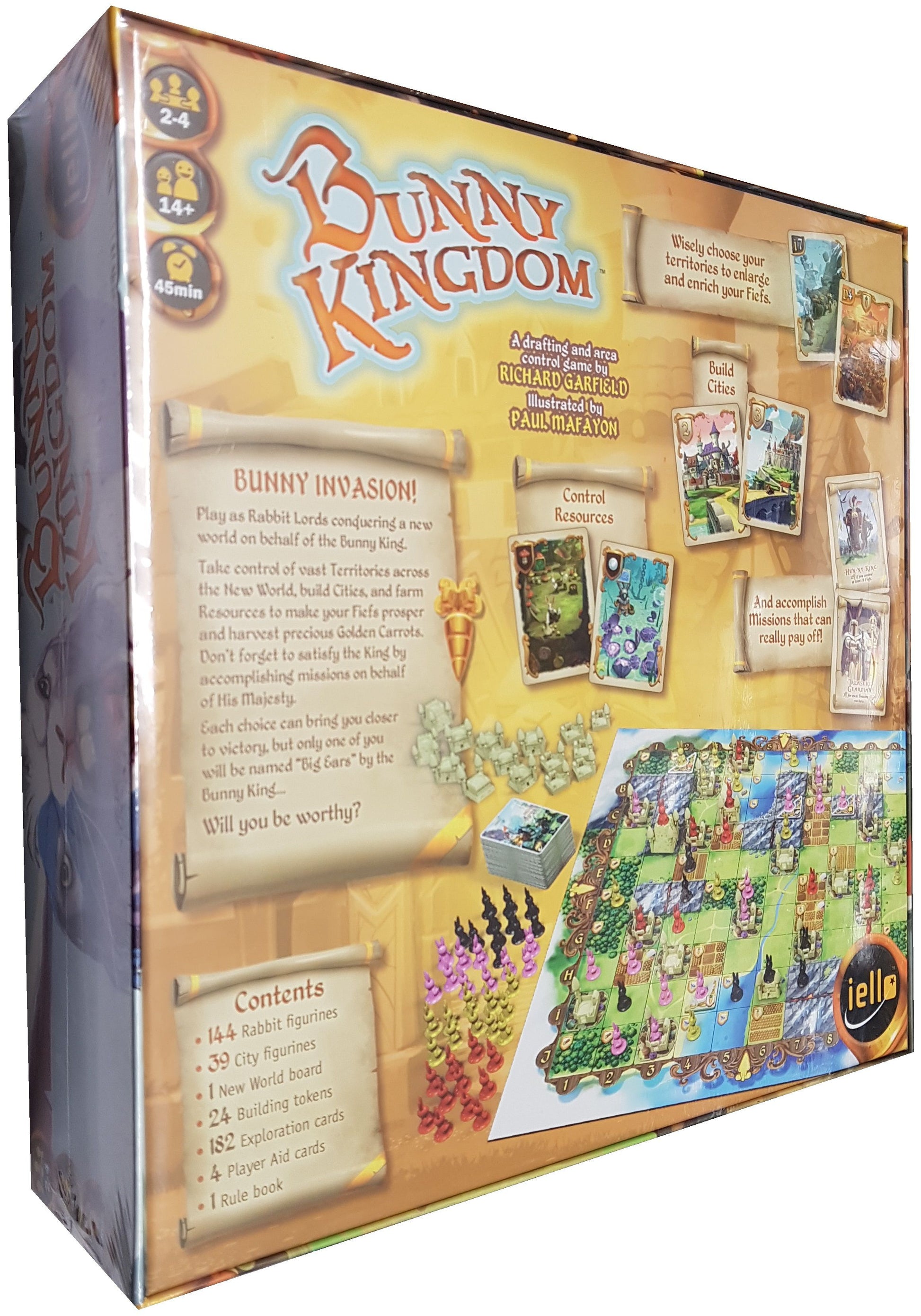 Back of the Bunny Kingdom board game box from Iello, showcasing vibrant artwork, player info, contents, and gameplay details about leading a rabbit clan—plus icons for players, age range, and playtime in the top left corner.