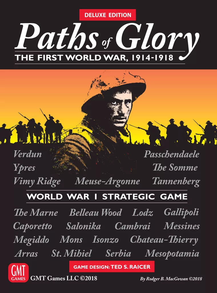 Game box cover for Paths of Glory by GMT Games features a stern soldier, troop silhouettes, and WWI battle names like Verdun, Ypres, and Somme, with a Deluxe Edition label at the top.