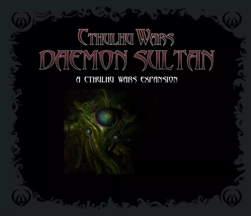 Box cover for Petersen Games’ Cthulhu Wars: Daemon Sultan Faction Expansion, showing a green tentacled Great Old One with a large central eye on a black background with ornate borders.