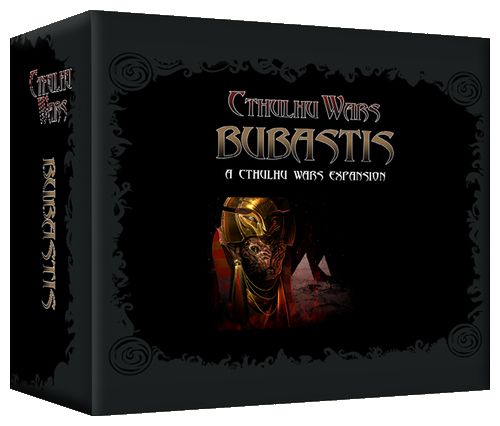 A black box labeled "Cthulhu Wars: Bubastis Expansion" from Petersen Games features dark borders and an armored, feline-like figure with glowing eyes, hinting at the unique board game miniatures inside.