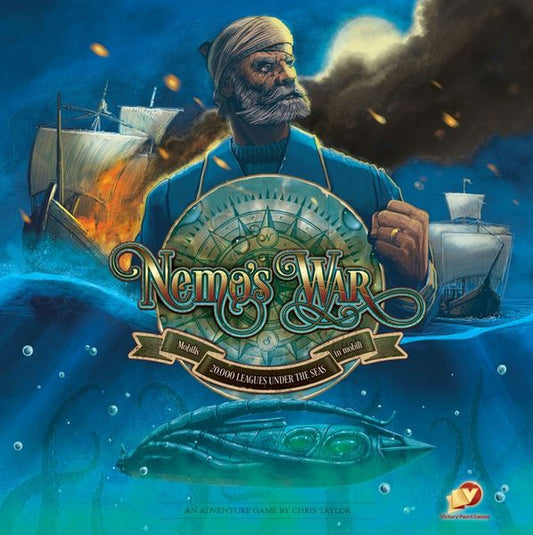 Illustrated cover for Nemo's War (2nd Edition), a solo board game by Victory Point Games, shows a stern bearded sailor in a hat before burning ships and a glowing underwater submarine, with the title prominently displayed.