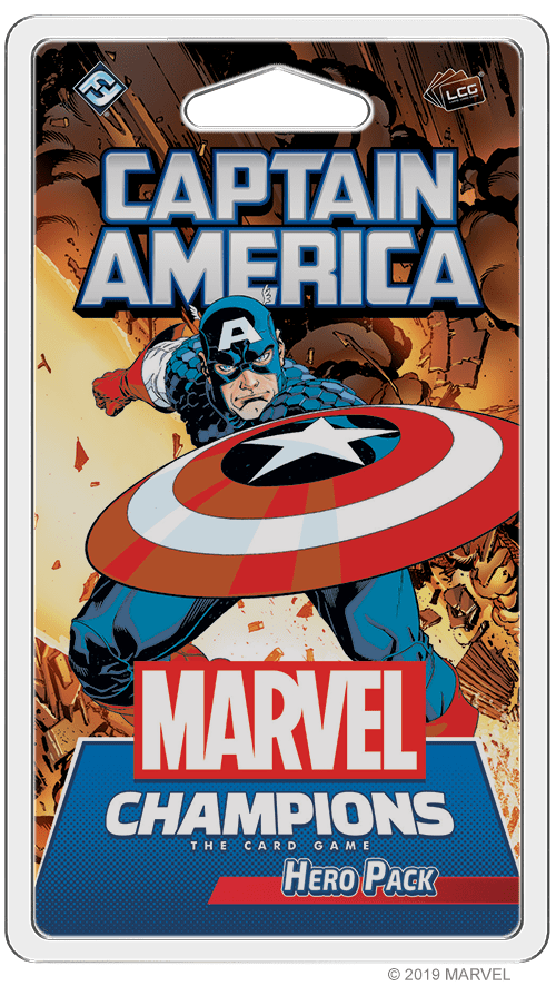 The Marvel Champions: The Card Game – Captain America Hero Pack by Fantasy Flight Games features Cap with his vibranium shield amid an explosion—“Captain America” at top and “Hero Pack” below—ideal for any Avengers deck.