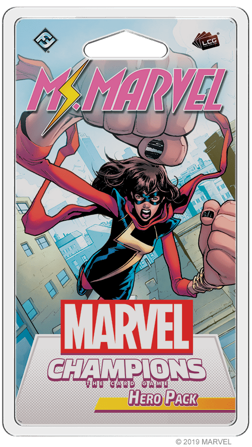 The Marvel Champions: The Card Game – Ms. Marvel Hero Pack by Fantasy Flight Games features Ms. Marvel (Kamala Khan) in her iconic costume with stretched fists, on packaging displaying the Marvel and FFG logos.