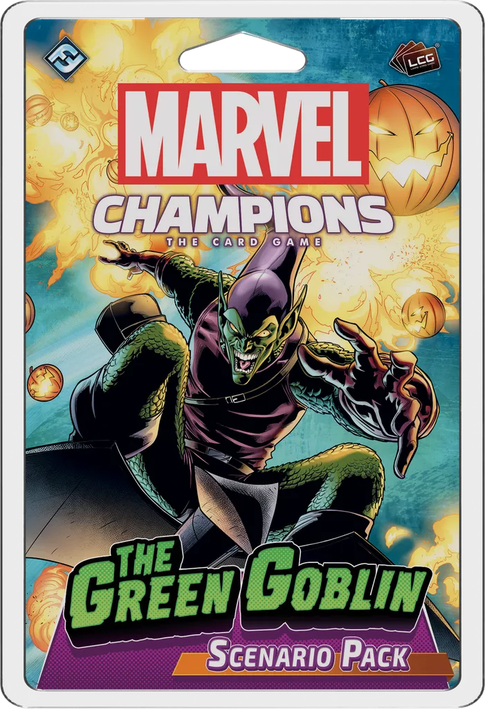 The cover of Marvel Champions: The Card Game – The Green Goblin Scenario Pack by Fantasy Flight Games shows Norman Osborn as Green Goblin on his glider, tossing pumpkin bombs with a wicked grin against a vibrant background.